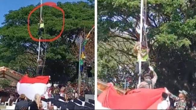 Seorang Polisi Nekat Panjat Tiang Setinggi 10 Meter Untuk Menyambung Tali Bendera Putus Saat Upacara HUT Kemerdekaan ke-78