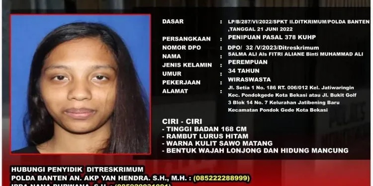 Dugaan Kasus Penipuan, Wanita SA (34) Jadi Buronan Polda Banten