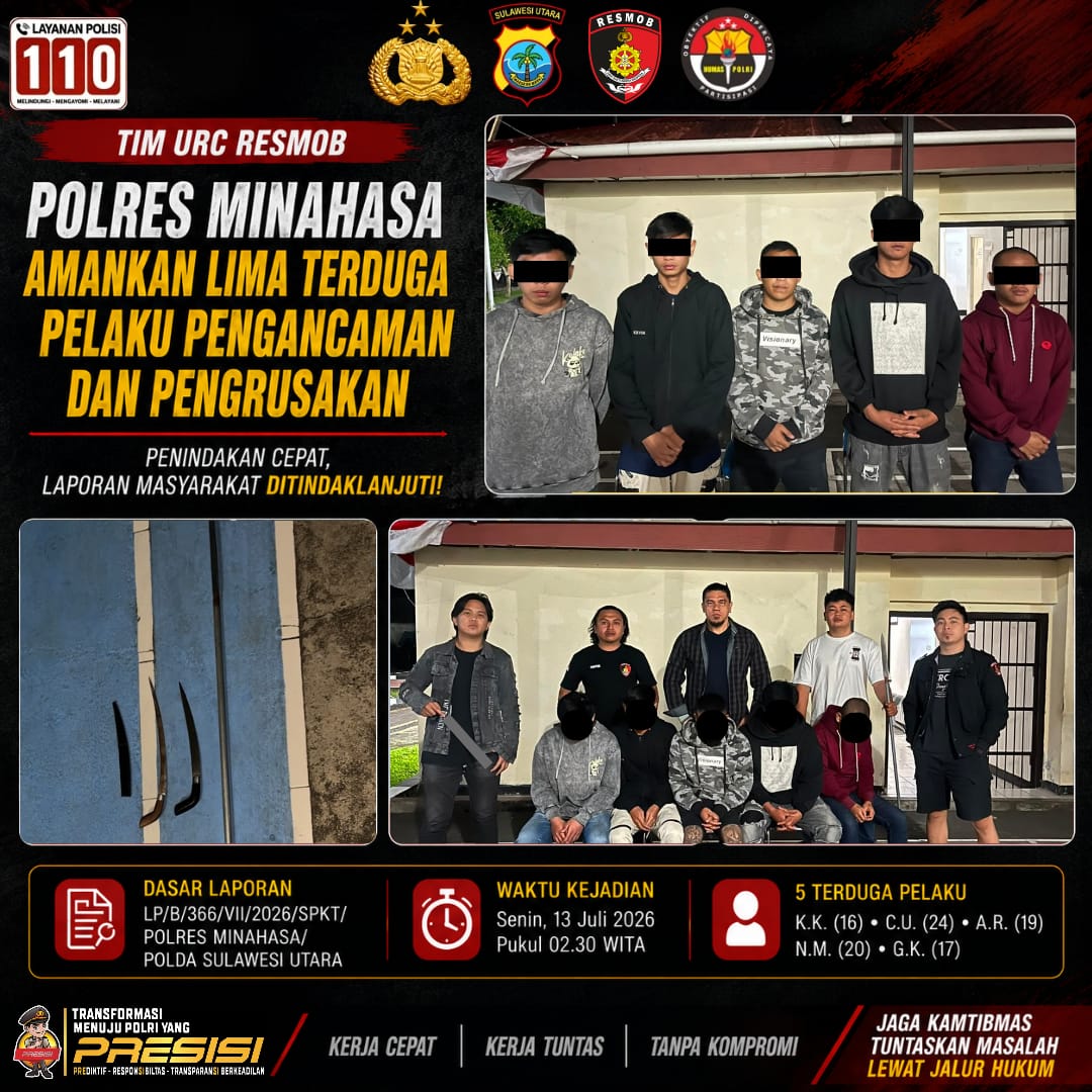 Usut Kasus Pengancaman dan Pengrusakan, Lima Orang Diamankan Polres Minahasa